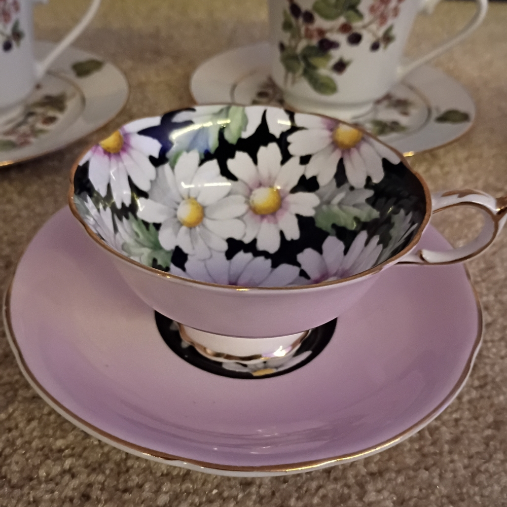 Floral Teacup and Saucer Set - Purple and Black